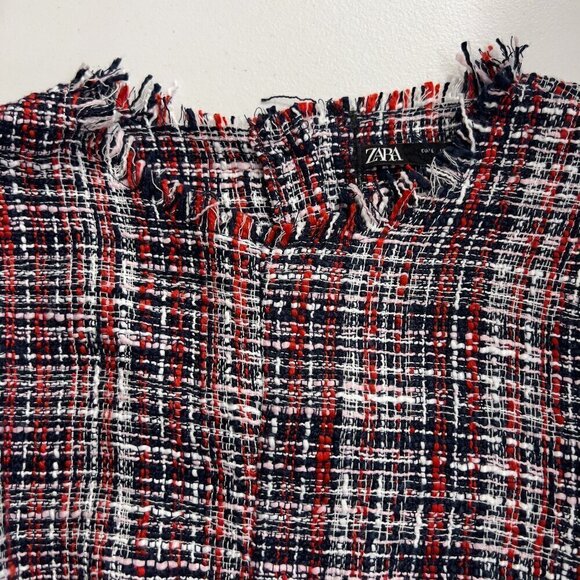 ZARA Tweed Plaid Top with Navy Sheer Chiffon Sleeves Size L - Picture 4 of 10